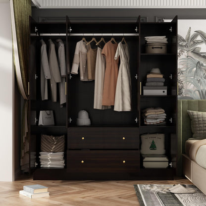 4 Door Wardrobe Armoire Closet with Mirror Door, 63" W Wooden Cabinet with 2 Drawers & Hanging Rod, Bedroom Armoire Dresser Wardrobe Clothes Organizer, Espresso
