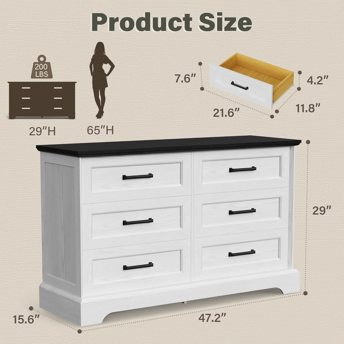 YESHOMY Dresser for Bedroom, Farmhouse 6 Drawers Dressers, White and Black