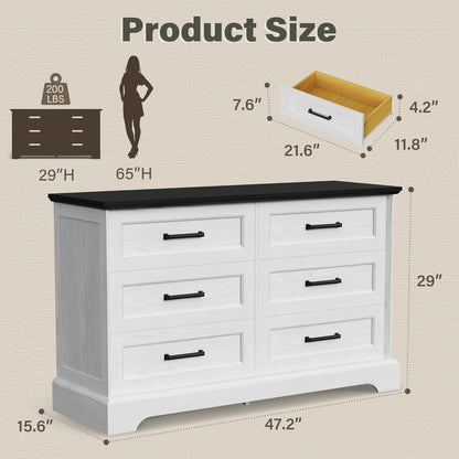 YESHOMY Dresser for Bedroom, Farmhouse 6 Drawers Dressers, White and Black