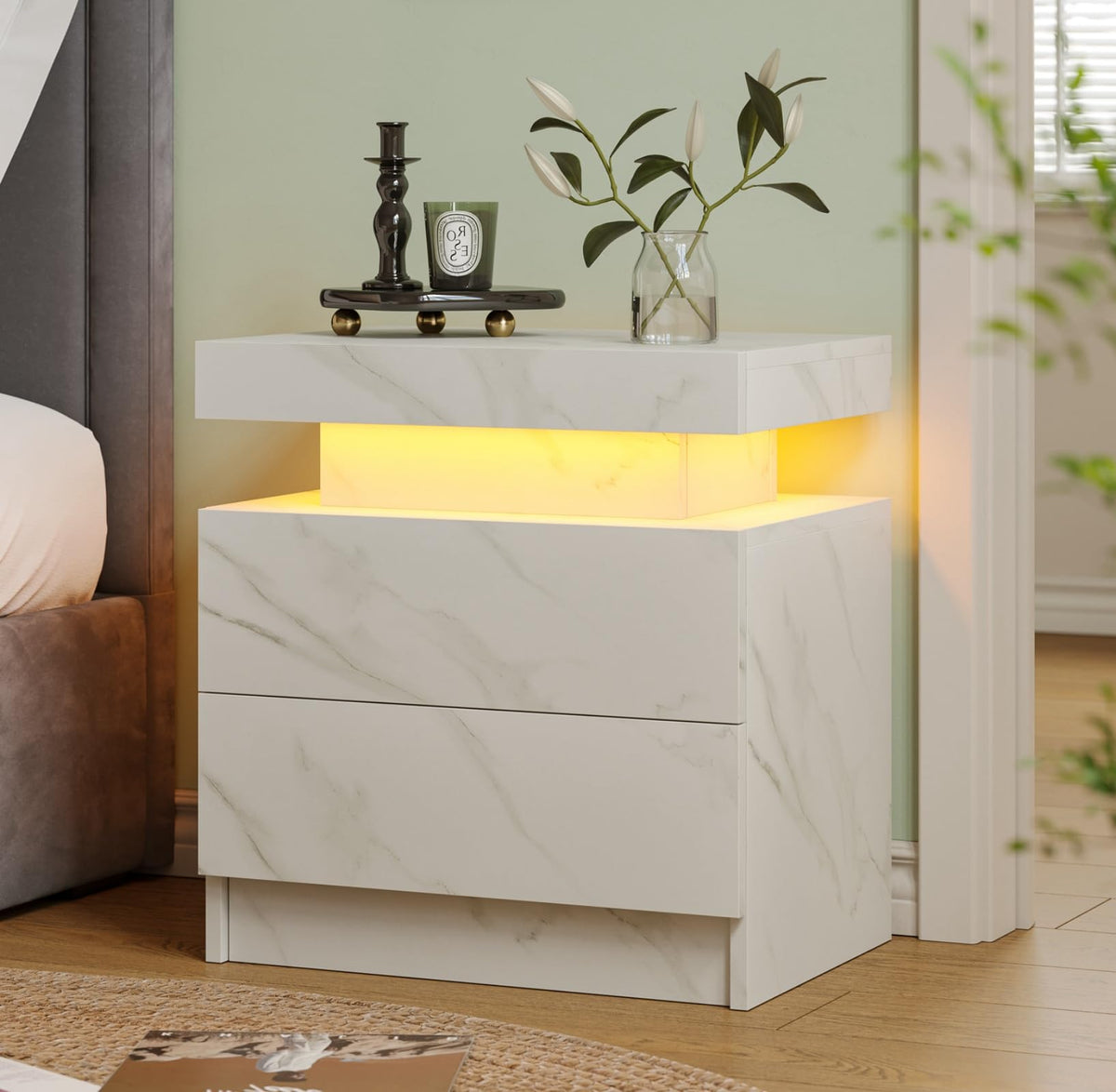 Modern White LED Nightstand for Bedroom Bedside Table with 2 Wood Drawers