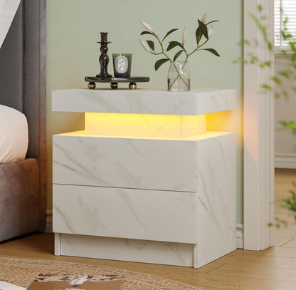 Modern White LED Nightstand for Bedroom Bedside Table with 2 Wood Drawers
