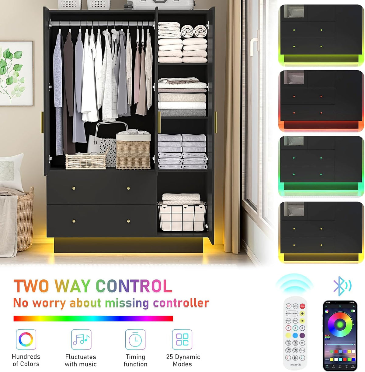 jiteentarou 3 Door Wardrobe Closet with Mirror and LED Lights, Bedroom Armoire with Drawers Shelves, Modern Wooden Armoire Wardrobe Closet with Hanging Rod for Bedroom, Black