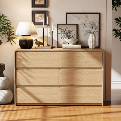 6 Drawer Dresser for Bedroom, Curved Edge Design Modern Dressers & Chest of Drawers, 47" Wide Dresser Natural Oak