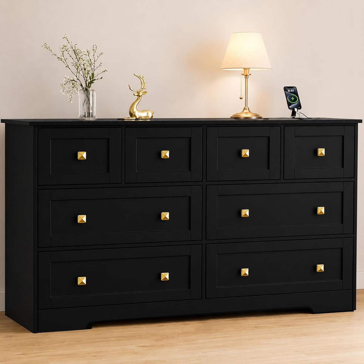 Black Dresser for Bedroom with Power Outlets Wide Wooden Dresser with 8 Drawer and Metal Handle Large Clothing Storage for Bedroom