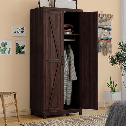 WERSMT 70" Tall Wardrobe Closet with Doors and Shelves, Hanging Clothes Storage Cabinet with Rods, Wooden Coat Closet with Door, Espresso
