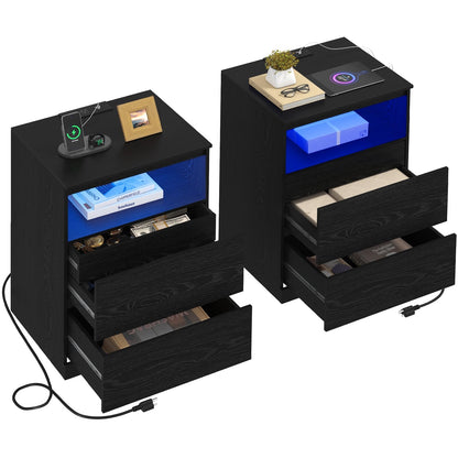 Nightstands Set of 2 with Charging Station, LED Lights and Drawer, Black