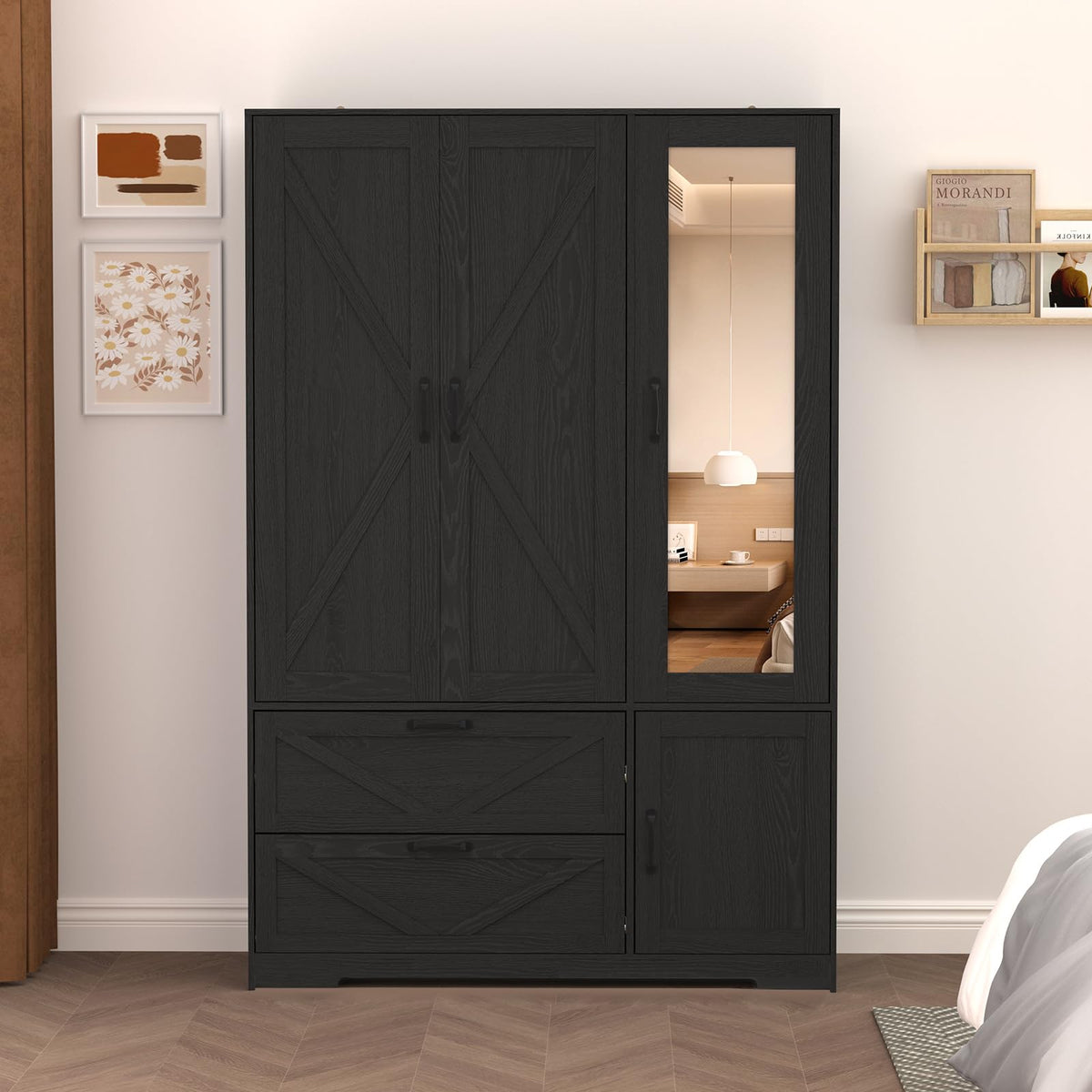 72'' Armoire Wardrobe Closet with Mirror Door & Light, Farmhouse Bedroom Clothes Cabinet with 4 Doorrs + Hanging Rod + 2 Drawers, Wooden Wardrobe Cabinet with Adjustable Shelf for Bedroom