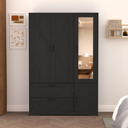 72'' Armoire Wardrobe Closet with Mirror Door & Light, Farmhouse Bedroom Clothes Cabinet with 4 Doorrs + Hanging Rod + 2 Drawers, Wooden Wardrobe Cabinet with Adjustable Shelf for Bedroom