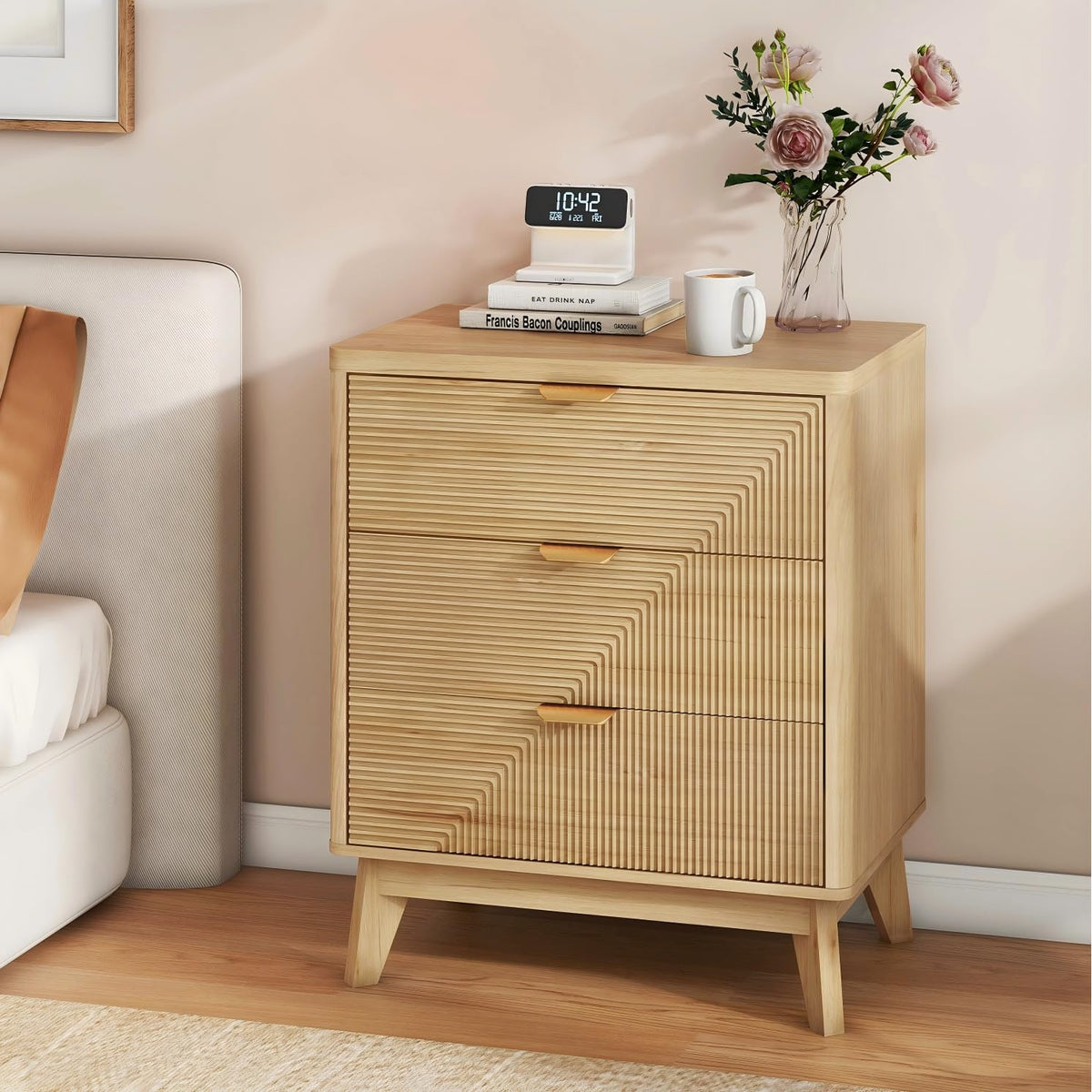 LYNCOHOME Fluted Nightstand with Charging Station, 19.7 inch Wide End Table with 2 Drawers, Modern Wood Bedside Table for Bedroom,Brown,1 Pcs