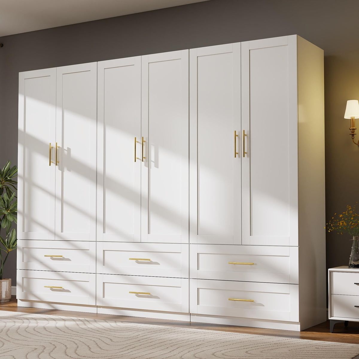 White Wardrobe Closet with 4 Drawers and 4 Doors, 75" H x 63" W