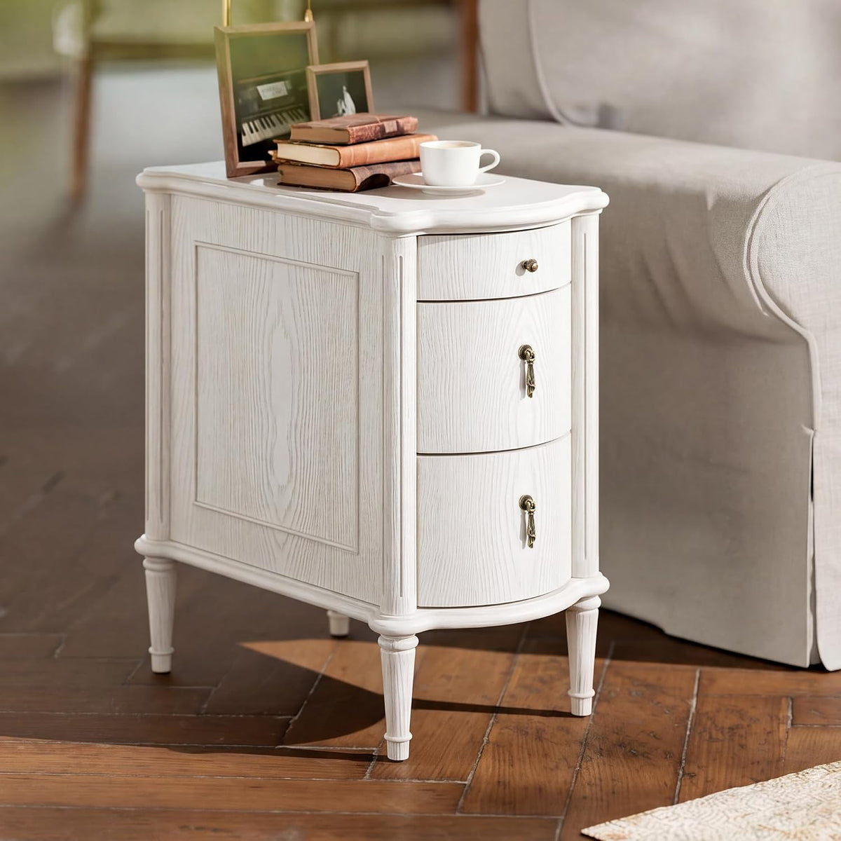STO'SENSE Nightstand w/Charging Station & 3 Drawers, Pre-Assembled, Vintage Side Table w/Antique-Finished Pulls, Rustic Wood Finish, Narrow End Table w/Turned Legs for Bedroom (1, Ivory White)