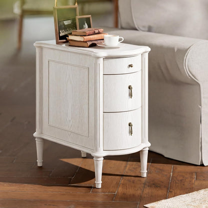 STO'SENSE Nightstand w/Charging Station & 3 Drawers, Pre-Assembled, Vintage Side Table w/Antique-Finished Pulls, Rustic Wood Finish, Narrow End Table w/Turned Legs for Bedroom (1, Ivory White)