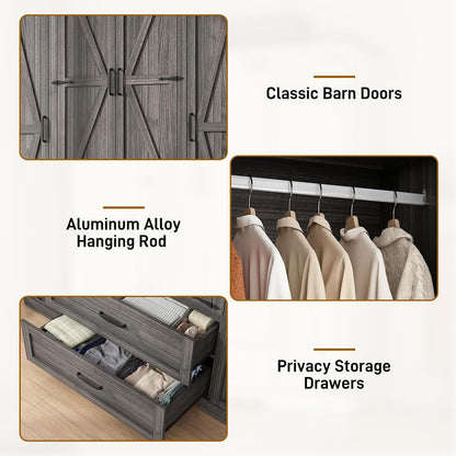 Hlivelood 4 Doors Wardrobe Armoire Closet with Doors and Drawers, Farmhouse Wooden Armoire Storage Cabinet with Shelves & Hanging Rod for Bedroom, Grey