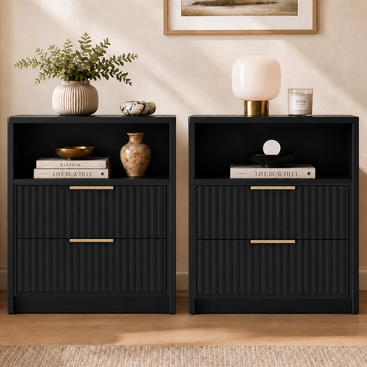 Nightstands Set of 2, Fluted Nightstand with 2 Drawers, Black & Narrow