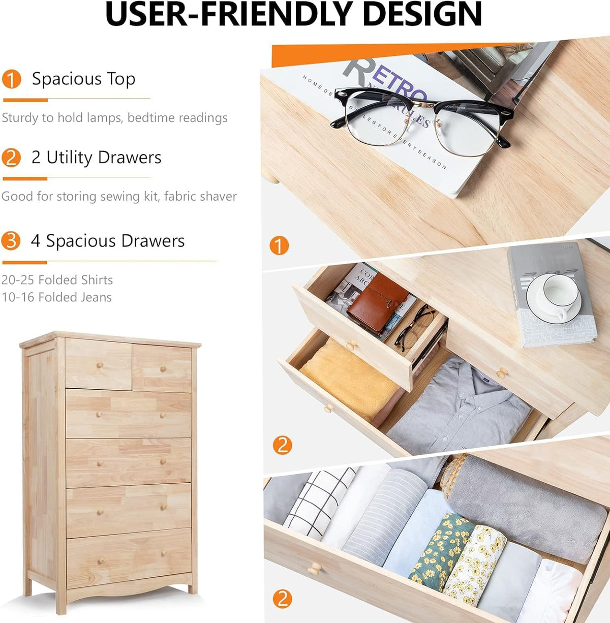 VINGLI Unfinished 6 Drawer Dresser, Natural Solid Wood Dresser Color DIY, Upgraged Rustic Farmhouse Tall Dresser with Spacious Storage Chests of Drawers with Full Extension Drawer Slides