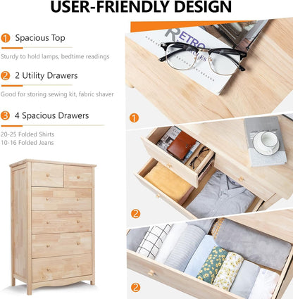 VINGLI Unfinished 6 Drawer Dresser, Natural Solid Wood Dresser Color DIY, Upgraged Rustic Farmhouse Tall Dresser with Spacious Storage Chests of Drawers with Full Extension Drawer Slides