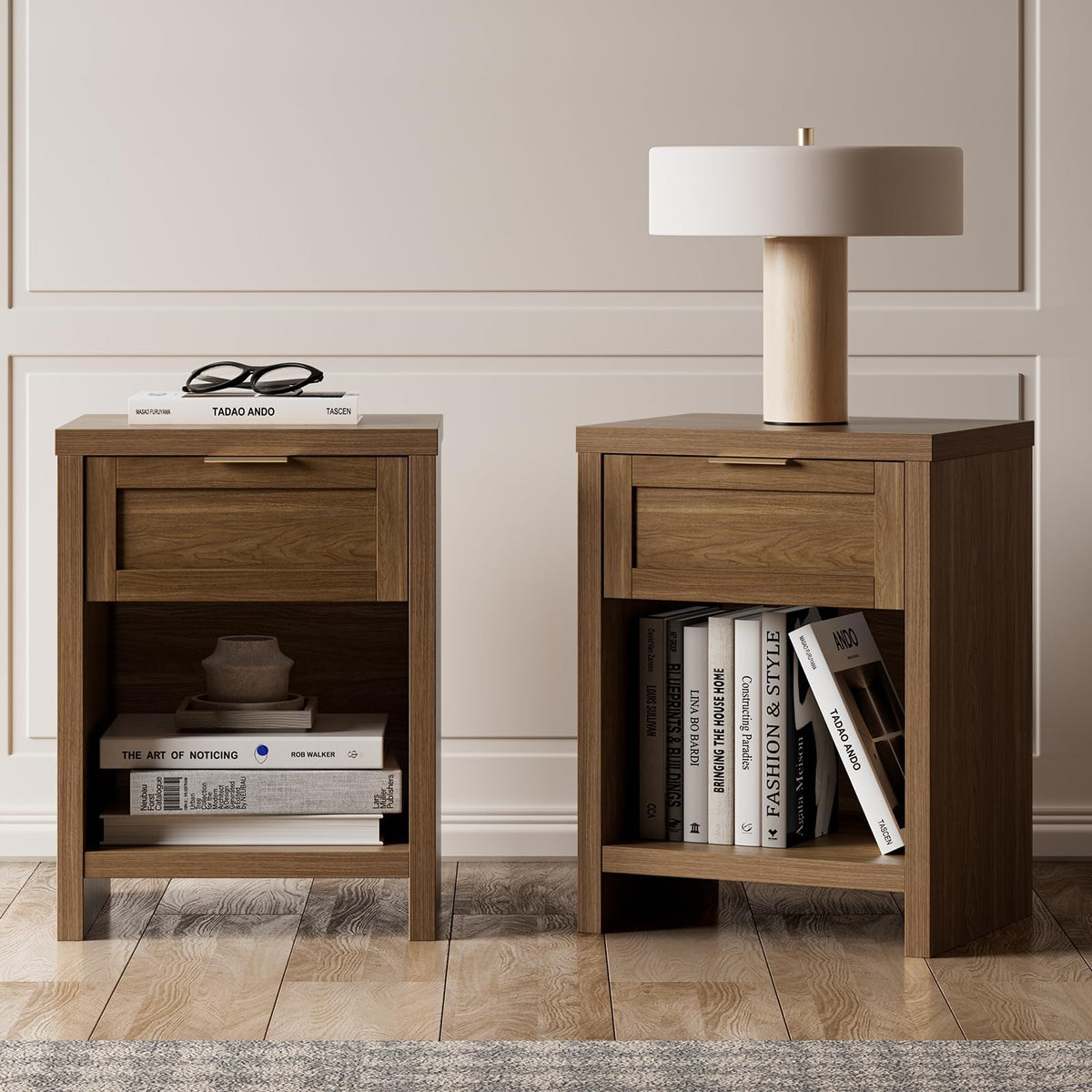 Walsham Nightstands Set of 2, XL Farmhouse Bedside Table, Special Walnut