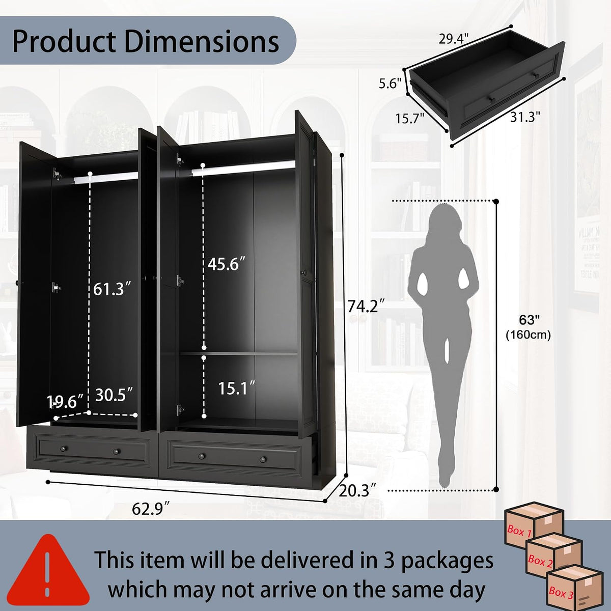 Armoire Wardrobe Closet with Drawers: 75" Black Tall Wardrobe with 4 Doors