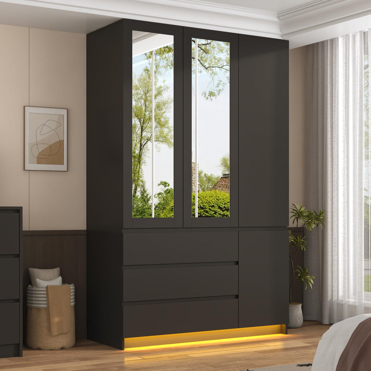 75" Tall Modern Wardrobe Closet with 2 Mirrors,LED Lights, 63"W Armoire Wardrobe Cabinet with 3 Drawers, Hanging Rod,Shelves, Freestanding Bedroom Storage Closet, Wooden Clothing Organizer, White