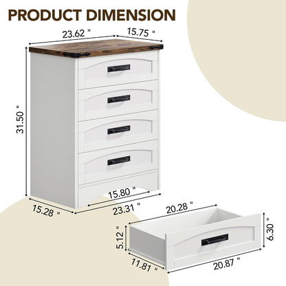 Decofy Farmhouse 4 Drawers Dresser for Bedroom, Walnut & White