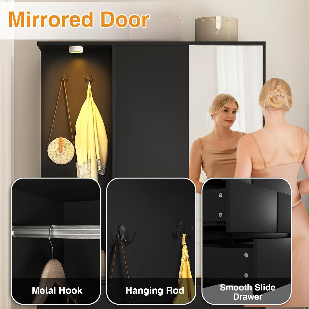 72'' Armoire Wardrobe Closet with Mirror Door & LED Lighting, Large Freestanding Modern Wooden 2 Doors Closet with 6 Drawers & 3 Storage Shelves & Hanging Rod & 2 Hooks for Bedroom (Black)