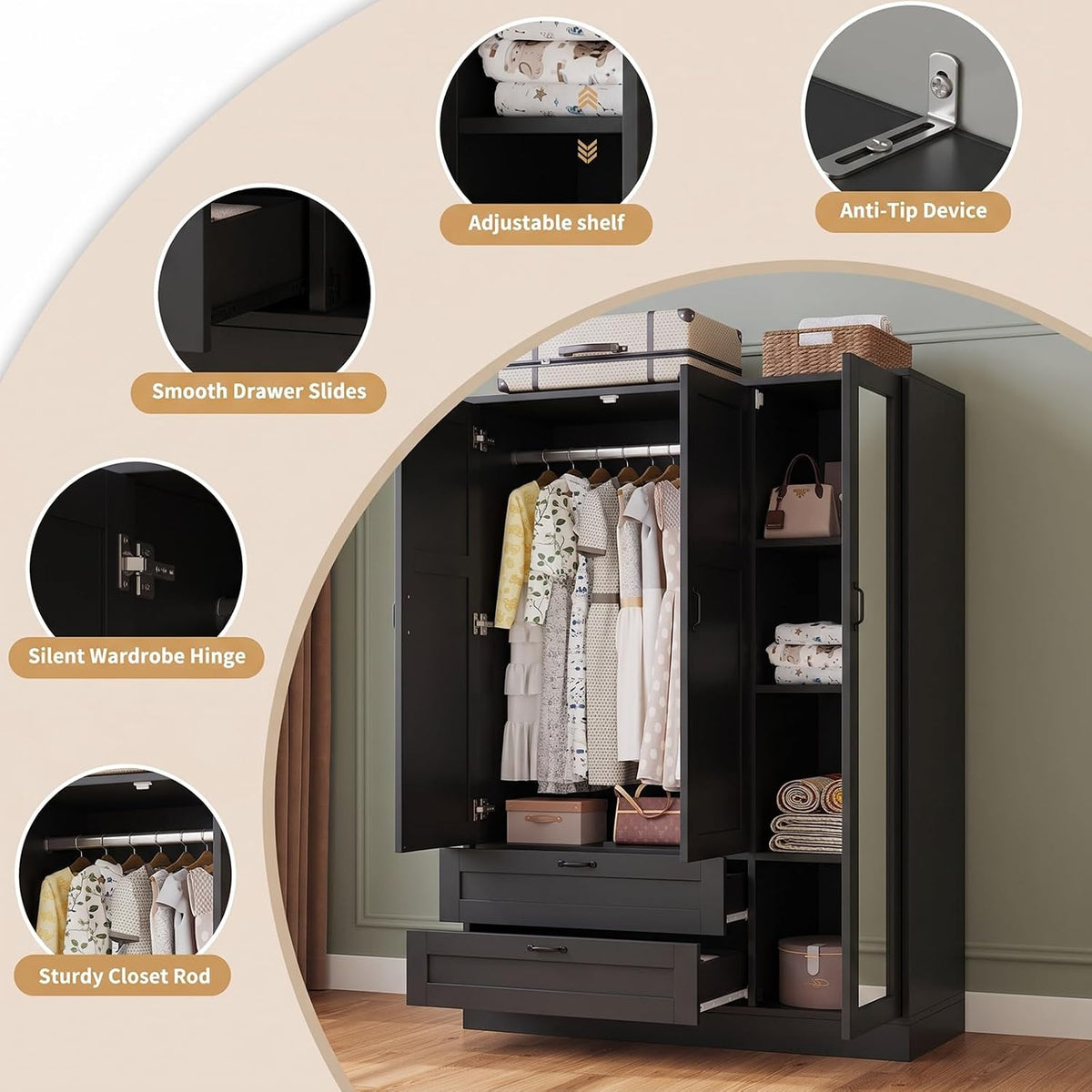 5-in-1 Narrow Armoire Wardrobe Closet, Freestanding Tall Closet with Full Length Mirror, Adjustable Shelf, 2 Drawers & Hanging Rod, Wooden Storage Cabinet for Bedroom Dorm, Black