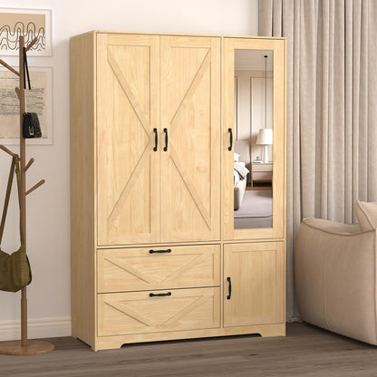 72" Armoire Wardrobe Closet with Mirror Door and LED Lights,Farmhouse Bedroom Armoire with Drawers and Adjustable Shelves,Wooden Armoire Wardrobe Closet with Hanging Rod for Bedroom(Black)