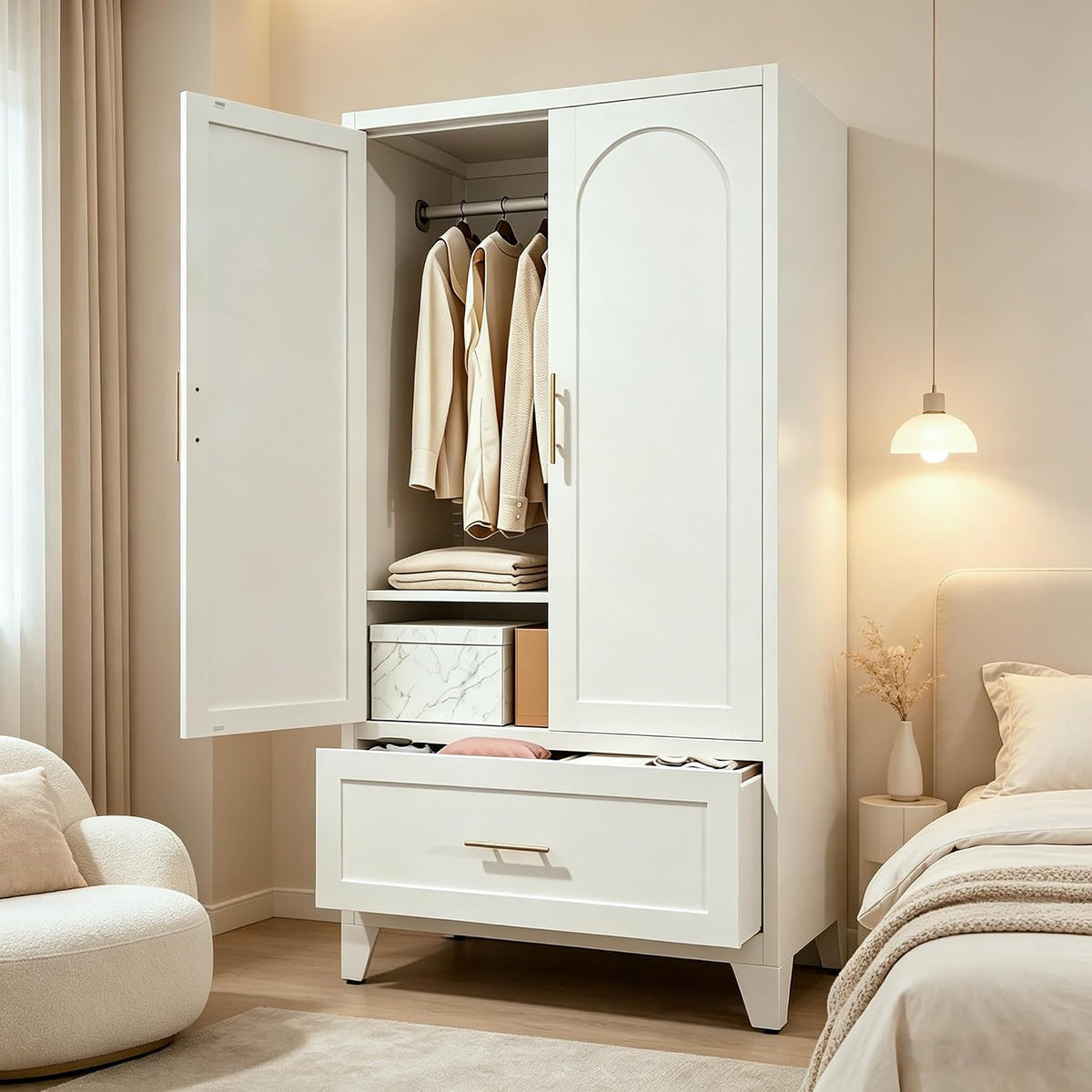 60" Tall Steel Wardrobe Closet with Hanging Rod, 2 Doors,White