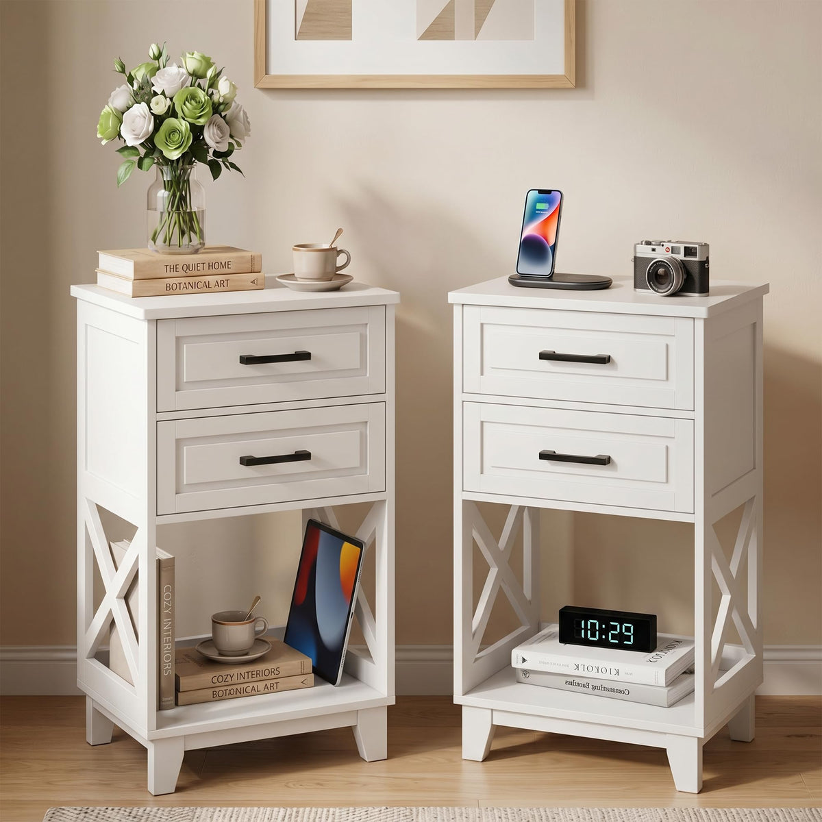 RoyalCraft 30" Tall Nightstand, Modern Painted Bedside Table with 2 Drawers and Open Shelf, Wood Side Table for Bedroom, Home Office, Black-Open Shelf Below, Set of 2
