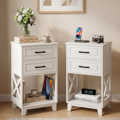 RoyalCraft 30" Tall Nightstand, Modern Painted Bedside Table with 2 Drawers and Open Shelf, Wood Side Table for Bedroom, Home Office, Black-Open Shelf Below, Set of 2