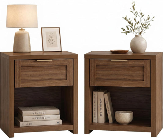 Walsham Nightstands Set of 2, XL Farmhouse Bedside Table, Special Walnut