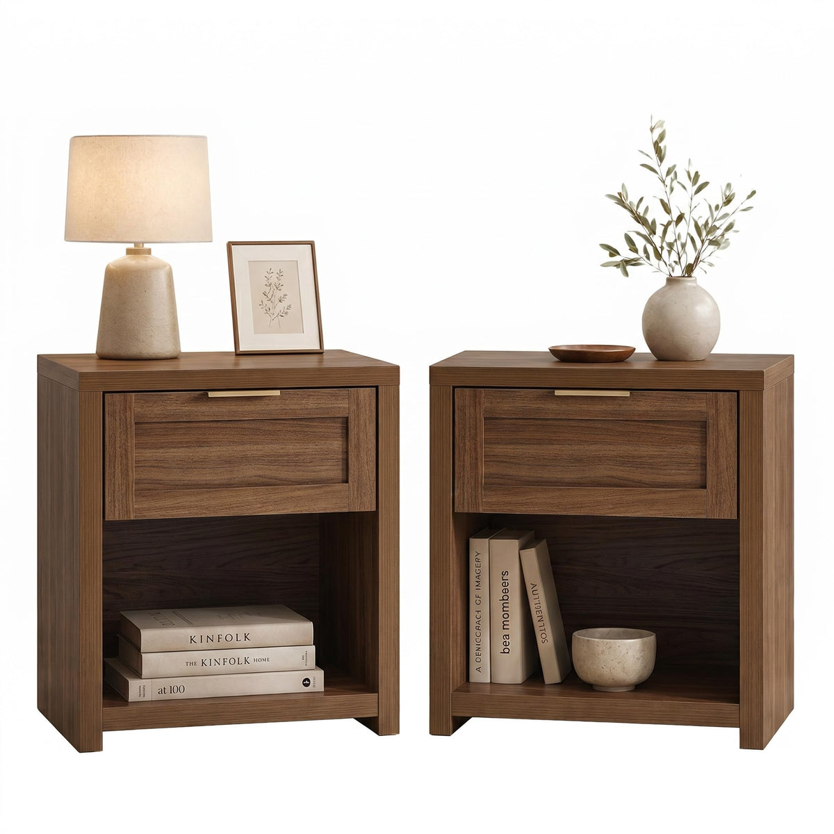 Walsham Nightstands Set of 2, XL Farmhouse Bedside Table, Special Walnut