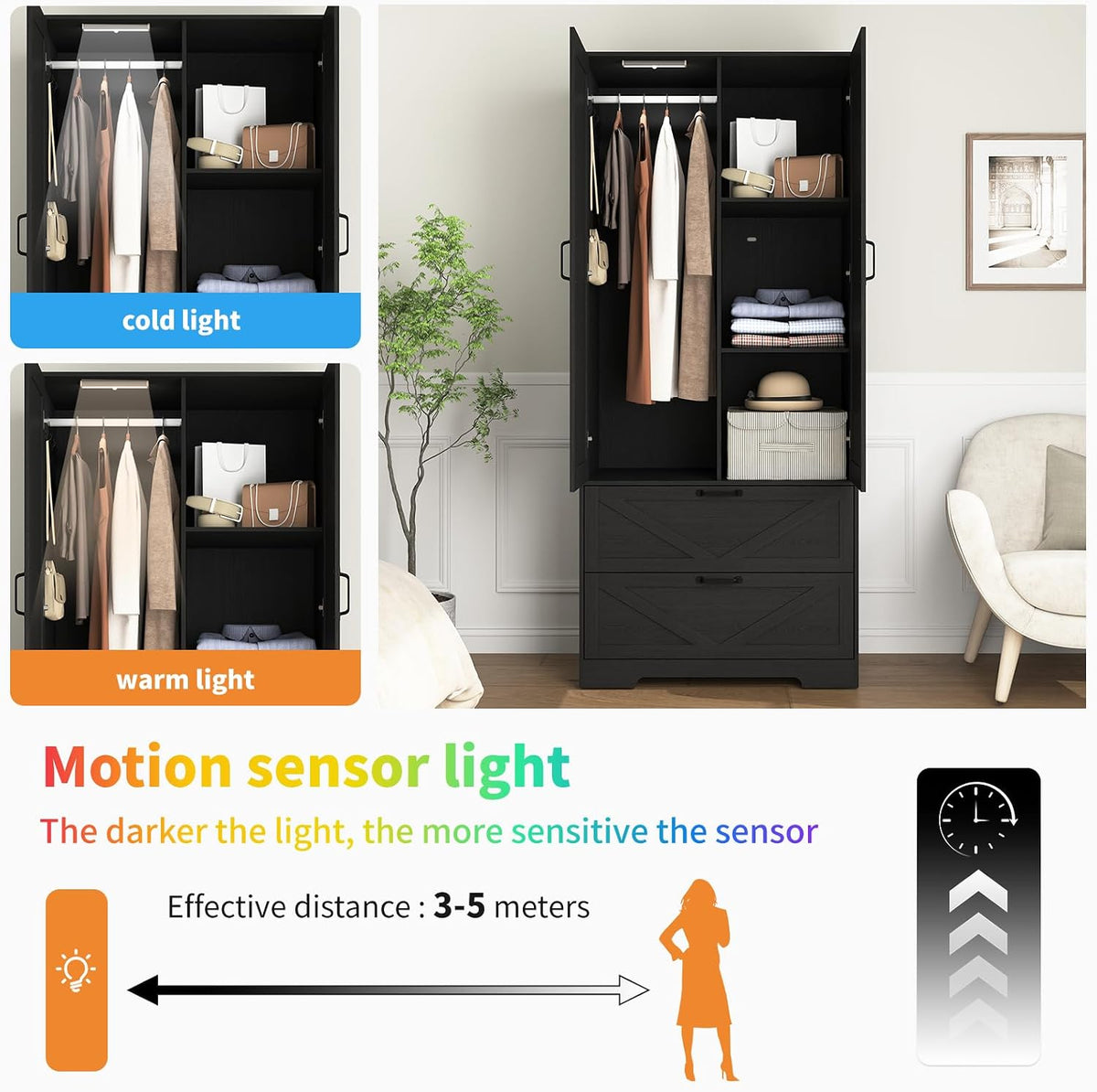 72" Armoire Wardrobe Closet with Mirror Door and LED Lights,Farmhouse Bedroom Armoire with Drawers and Adjustable Shelves,Wooden Armoire Wardrobe Closet with Hanging Rod for Bedroom(Black)