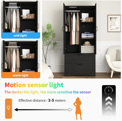 72" Armoire Wardrobe Closet with Mirror Door and LED Lights,Farmhouse Bedroom Armoire with Drawers and Adjustable Shelves,Wooden Armoire Wardrobe Closet with Hanging Rod for Bedroom(Black)