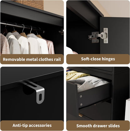 GarveeHome 70" Wardrobe Armoire Wooden Closet with 3 Drawers, Black