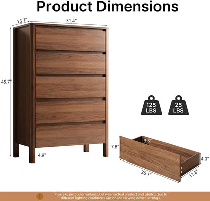 MAISONARIA Walnut 5 Drawer Dresser for Bedroom, 45"Tall Modern Wood Dresser