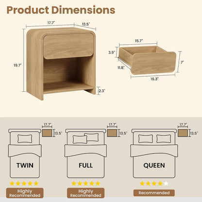 Modern Curved Nightstands Set of 2 with Open Shelf,Natural Oak