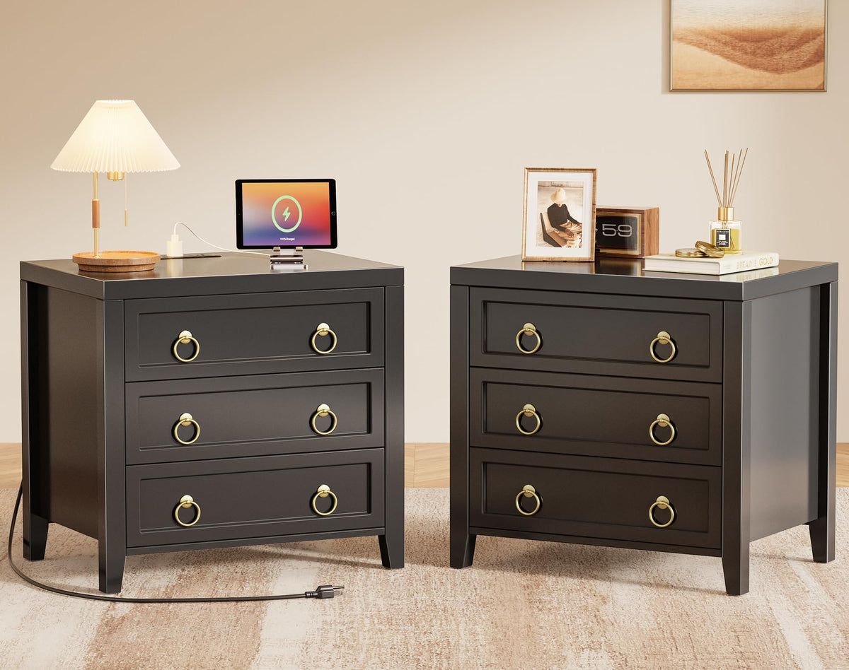 Huuger Paint Night Stand with Charger Station, 3 Drawer Nightstand Set of 2