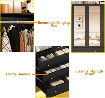 3 Doors Mirrored Wardrobe Armoire Closet with Drawers, LED Armoire Storage Cabinet with Adjustable Shelves & Hanging Rod, 74.8" H Freestanding Clothing Storage Cabinet for Bedroom, Black