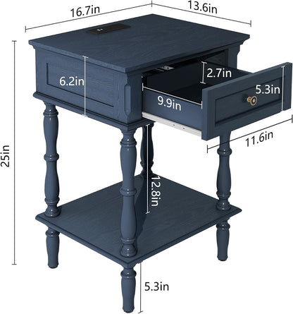 ARTPOWER Nightstands Set of 2 with Charging Station & Storage Shelf, Blue