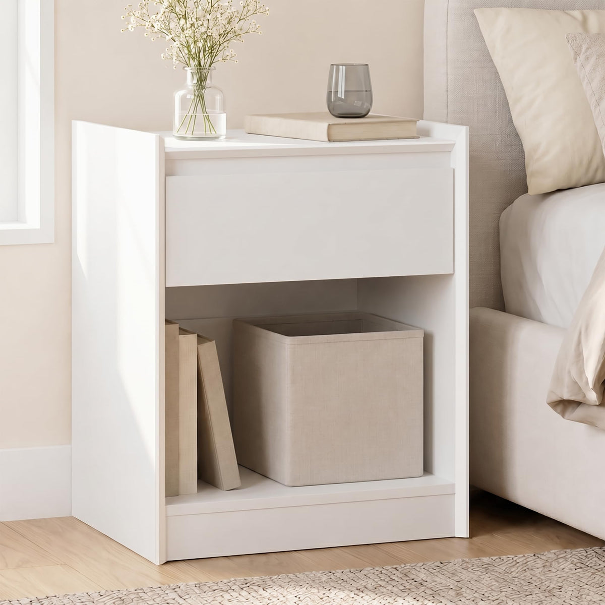 Black Nightstand with Charging Station, 24"H, 2 Drawers & Shelf