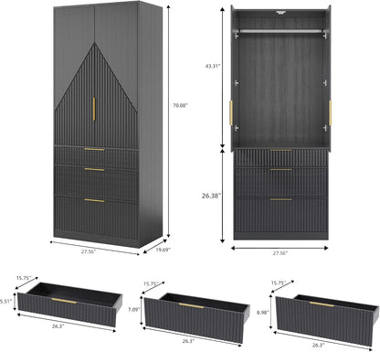 TOKSOM 70" Wardrobe Armoire Wooden Closet with 2 Doors and 3 Drawers, Bedroom Armoire with Hanging Rod Shelf, Large Capacity Storage Wardrobe Armoire, Freestanding Wooden Closet Storage Cabinet Black