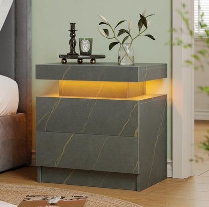 Modern White LED Nightstand for Bedroom Bedside Table with 2 Wood Drawers
