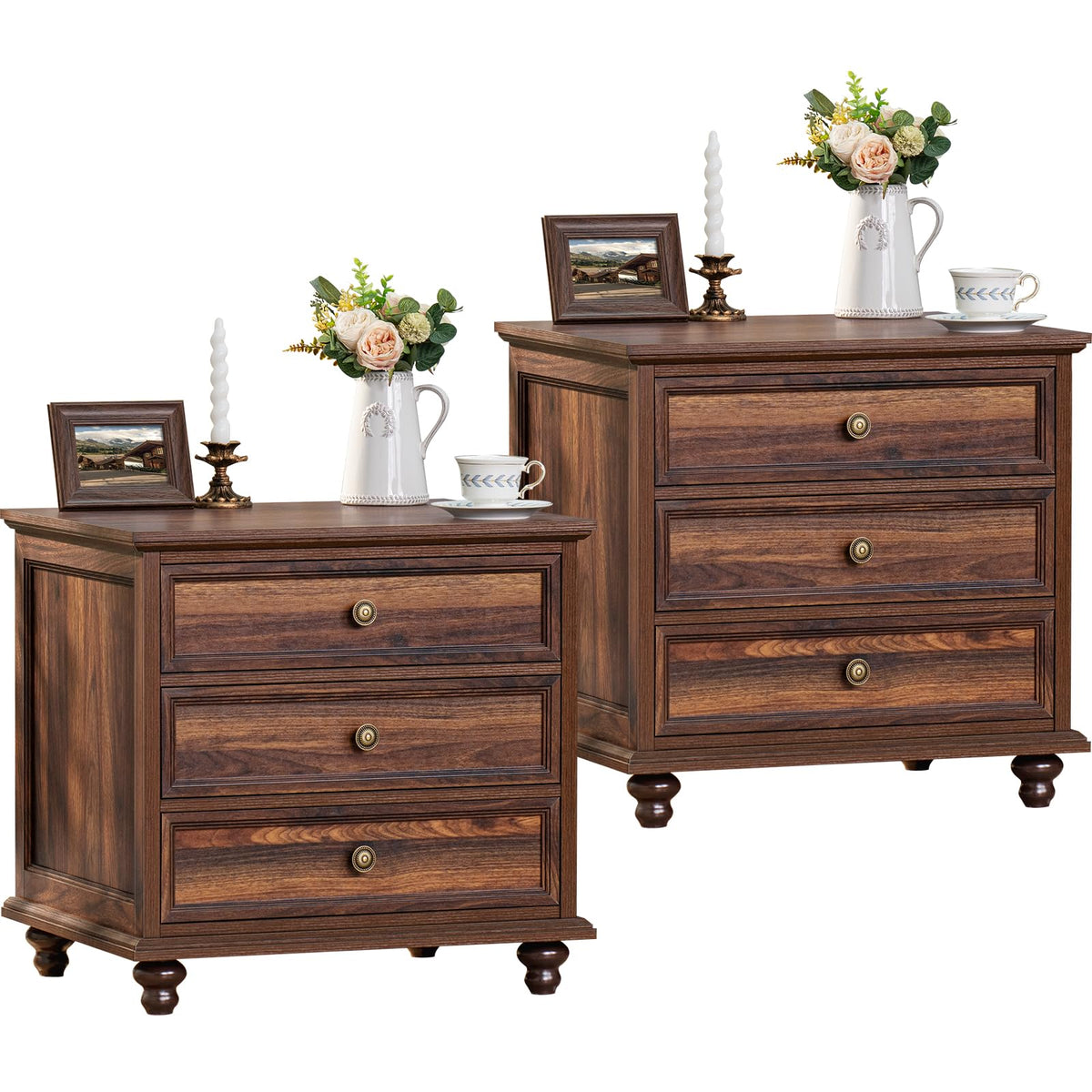 Joaxswe 24" Wide Farmhouse Night Stand Set of 2,Large End Table with 3 Drawers & Metal Handle,Wood Dresser for Bedroom,Bed Side Table Chest of Drawers Cabinet,Natural Nightstand for Living Room,Closet