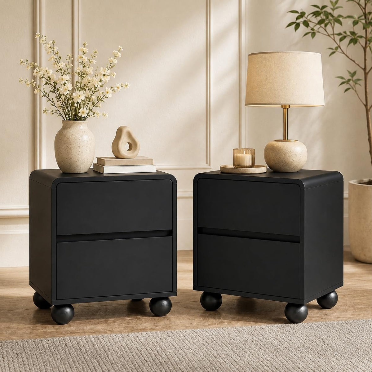 Furniway Set of 2 Modern Curved Nightstand with 2 Drawers, Push-to-Open Wooden Bedside Table, Minimalist End Table for Bedroom, Black