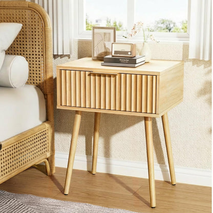 VINGLI Black Nightstands Set of 2 with Fabric Drawers, Fluted Nightstands with Charging Station, Night Stand Set of 2, Small Bedside Table, Bed Side Table/Night Stand with Charging Station for Bedroom