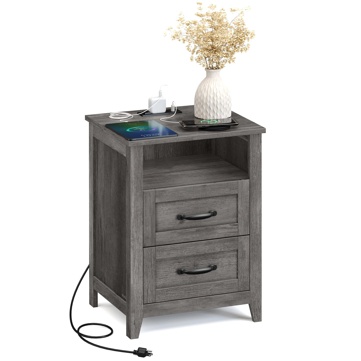 VASAGLE Set of 2 Nightstands with 2 Drawers and Charging Station