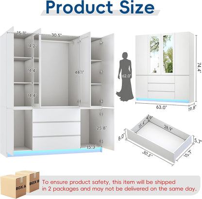 75" Tall Modern Wardrobe Closet with 2 Mirrors,LED Lights, 63"W Armoire Wardrobe Cabinet with 3 Drawers, Hanging Rod,Shelves, Freestanding Bedroom Storage Closet, Wooden Clothing Organizer, White