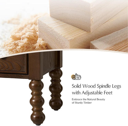HULALA HOME 26" End Tables Set of 2 with Charging Station, Transitional 2 Drawer Wood Endtables with Pull-Out Shelf and Open Storage Space, Large Side Tables with Solid Wood Spindle Legs, Walnut
