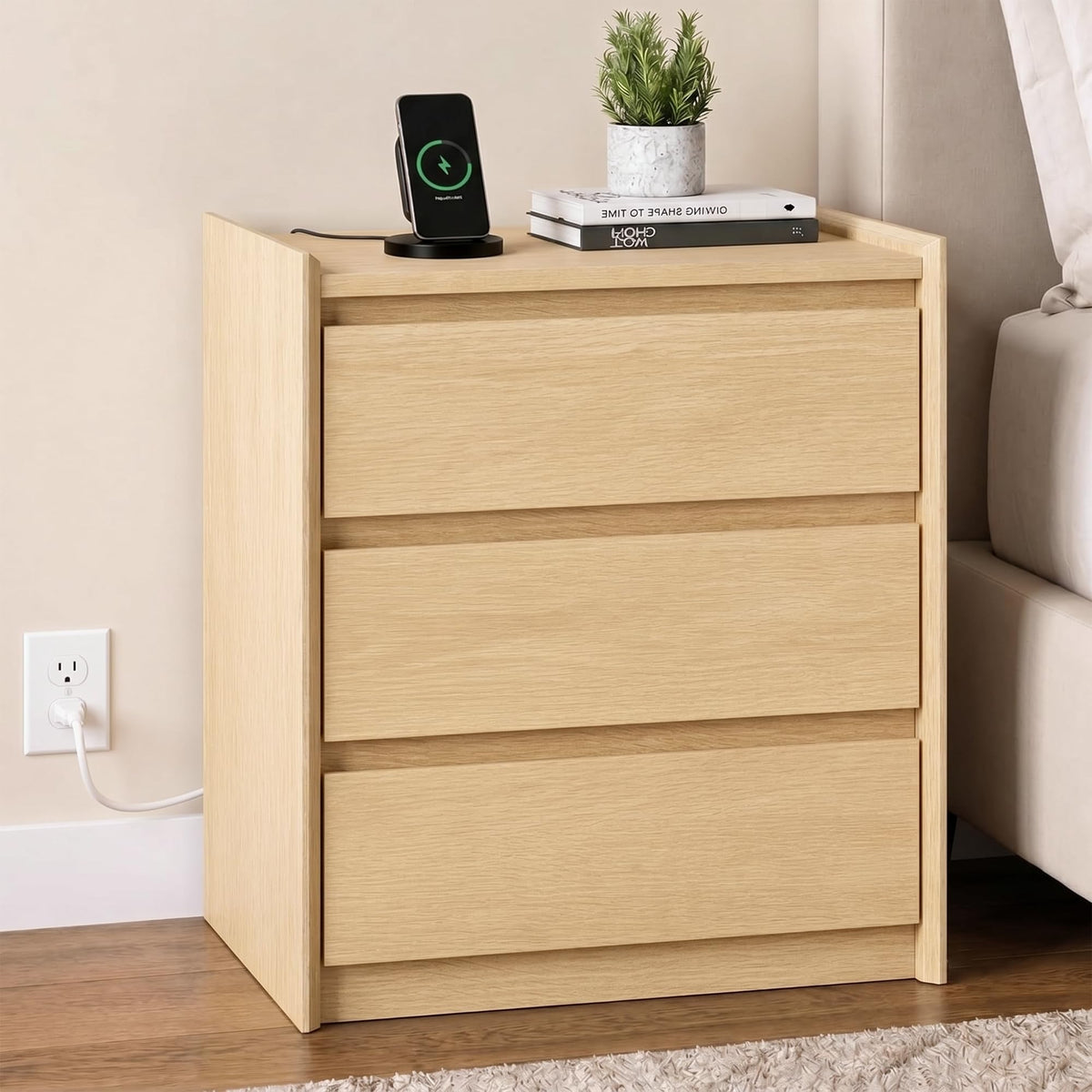 Black Nightstand with Charging Station, 24"H, 2 Drawers & Shelf